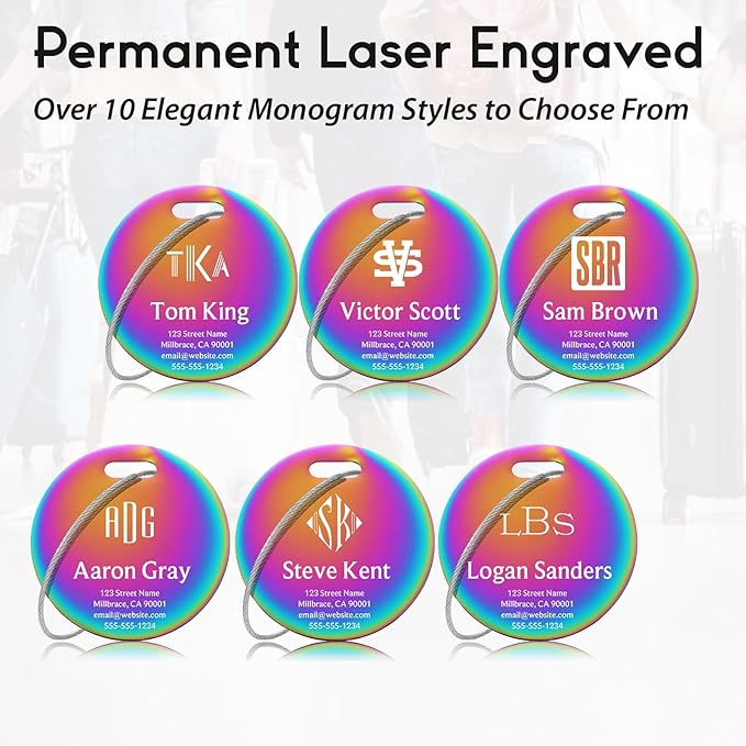 Personalized Luggage Tags for Suitcases - Stainless Steel Custom Luggage Tags for Backpacks & Bags, Sturdy, Waterproof & Heavy Duty (Rainbow/Round)