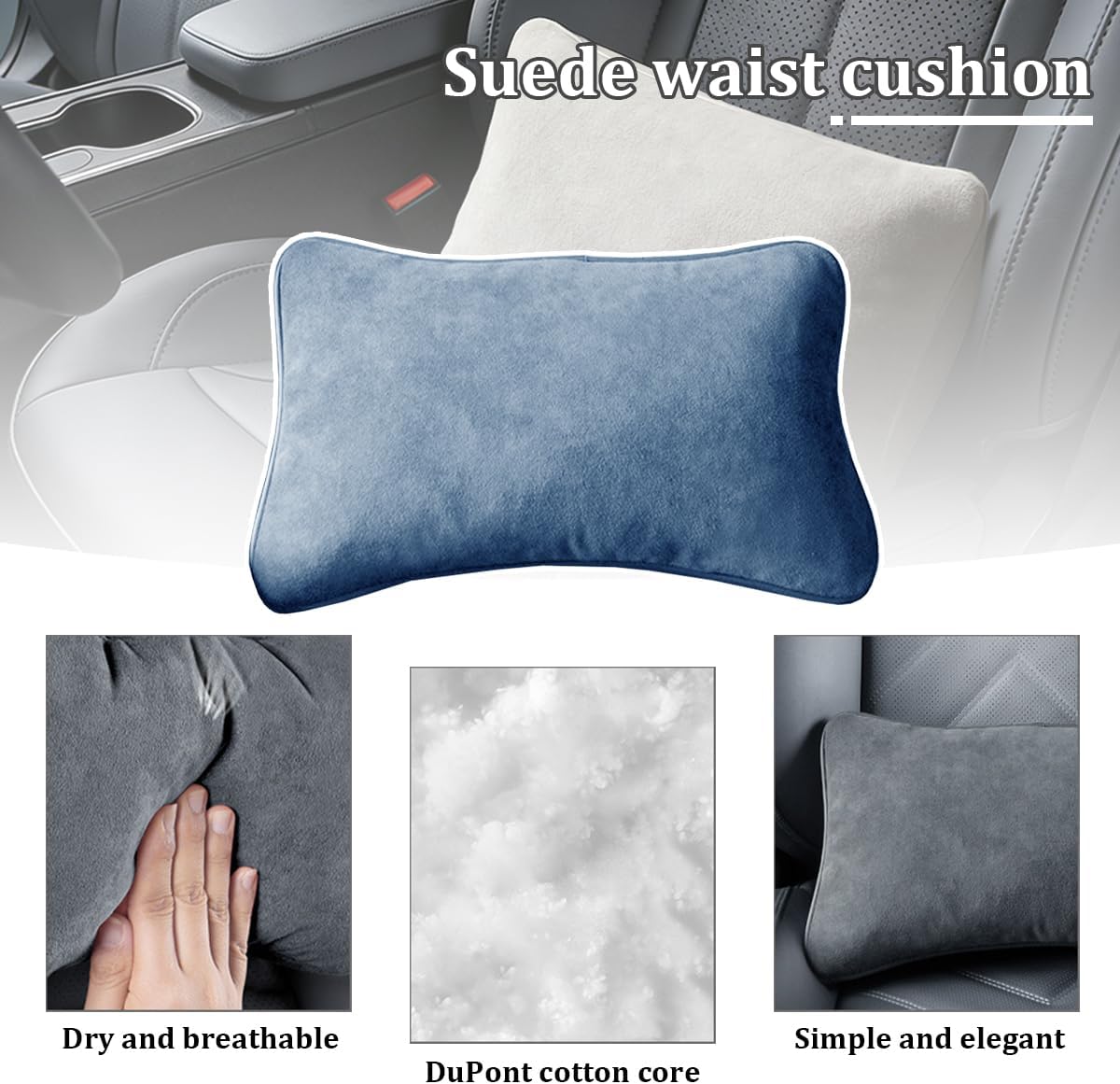 Car Lumbar Support Pillow, Suede Leather Vehicle Driving Seat Lumbar Support Pillow for Lower Back Pain Relief, Auto Interior Back Cushion Pad, Universal for SUV Sedan Truck (Ammonia Blue)