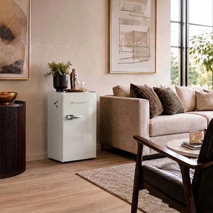 Frigidaire Retro Compact Fridge with Chiller, 3.2 cu ft Countertop Fridge with Built-In Bottle Opener, Compact Refrigerator for Office, Bedroom, Dorm Room or Cabin - 16.5"D x 19"W x 31"H (Moonbeam)