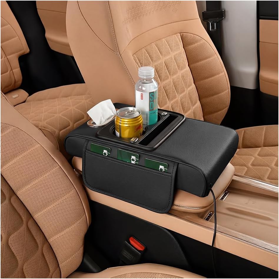 Car Center Console Armrest Pillow, 5-in-1 Memory Foam Armrest Cover with 2 Storage Bag, Tissue Box, Cup Phone Holder, Auto Middle Console Arm Rest Protector Organizer, Universal Fit (Black)