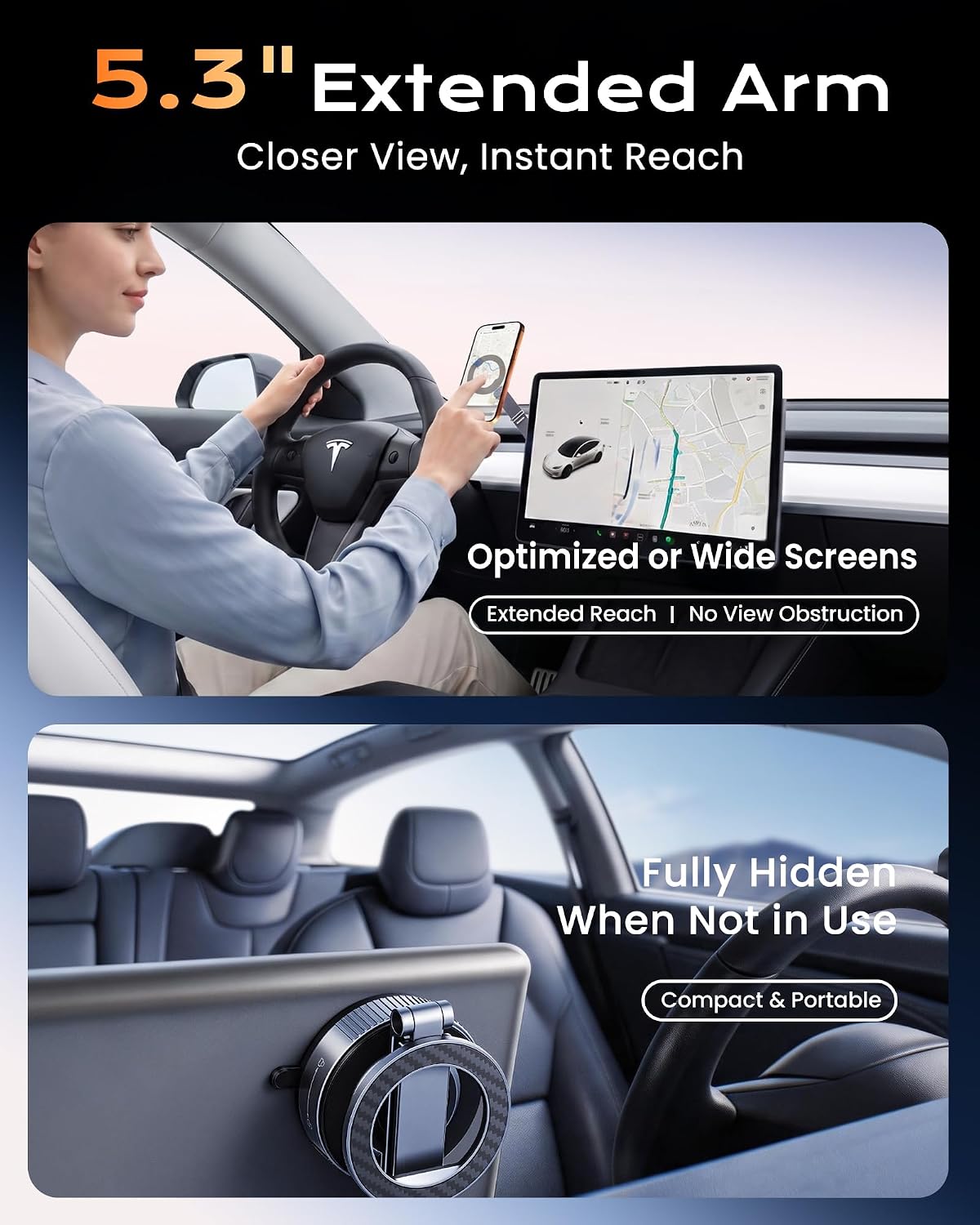 Magnetic Phone Holder for Car, 3-Axis Long Arm Mount for Tesla Model Y/3