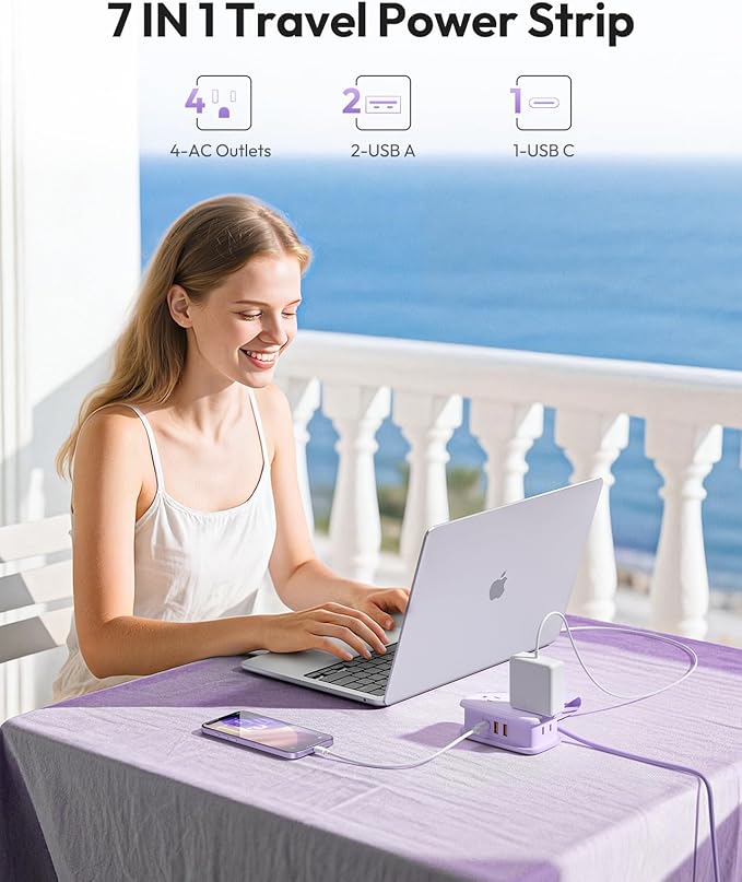 NTONPOWER 20W Purple Travel Power Strip, Travel Essentials 4 Outlets 3 USB(1 USB-C) with 4FT Wrapped Extension Cord Flat Plug, Vacation Essentials for Hotel Travel Camping Cruise Essentials 2026