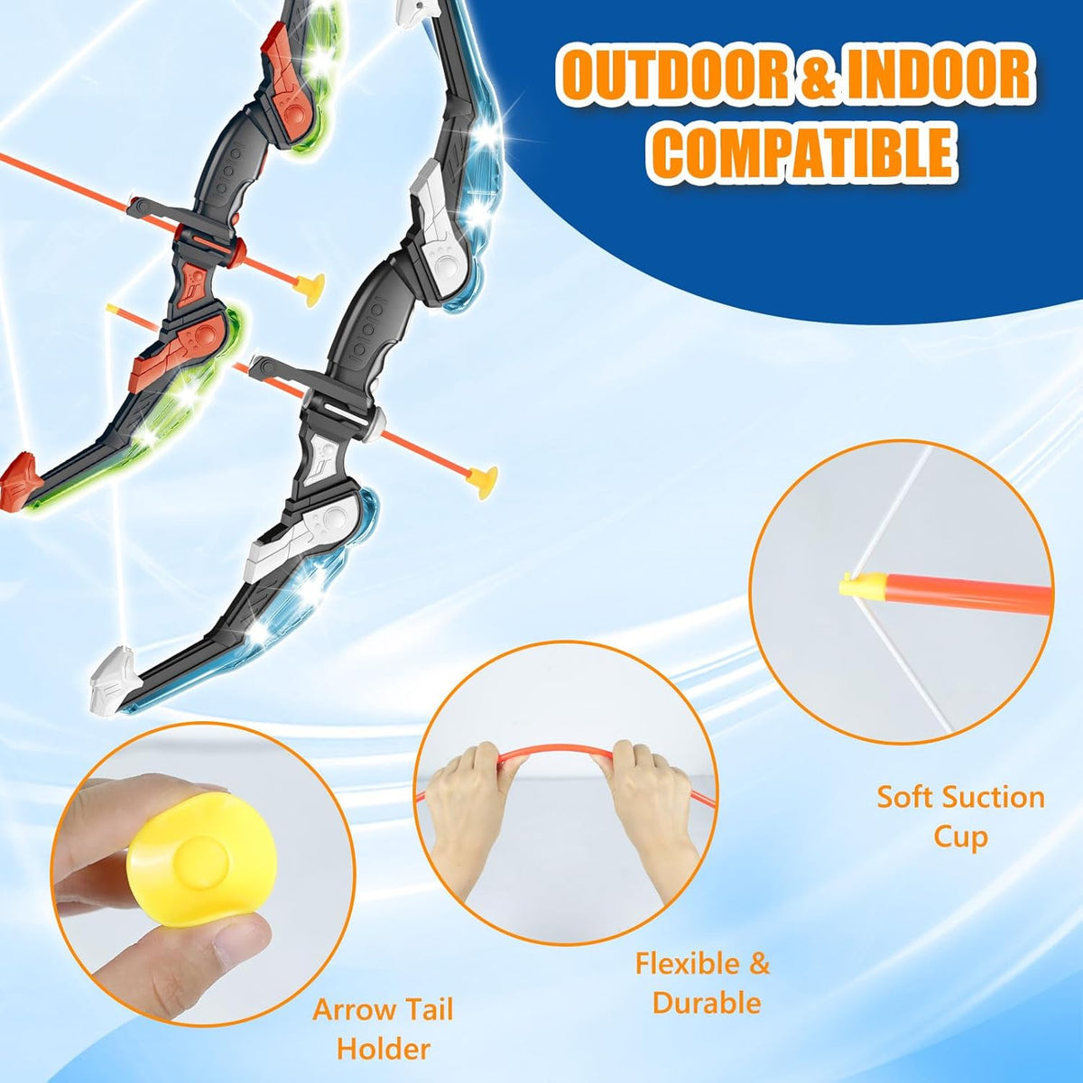 Skiennix Bow and Arrow Set - LED Light-Up Toy for Kids 4-12 | Includes 20 Suction Cup Arrows & Target