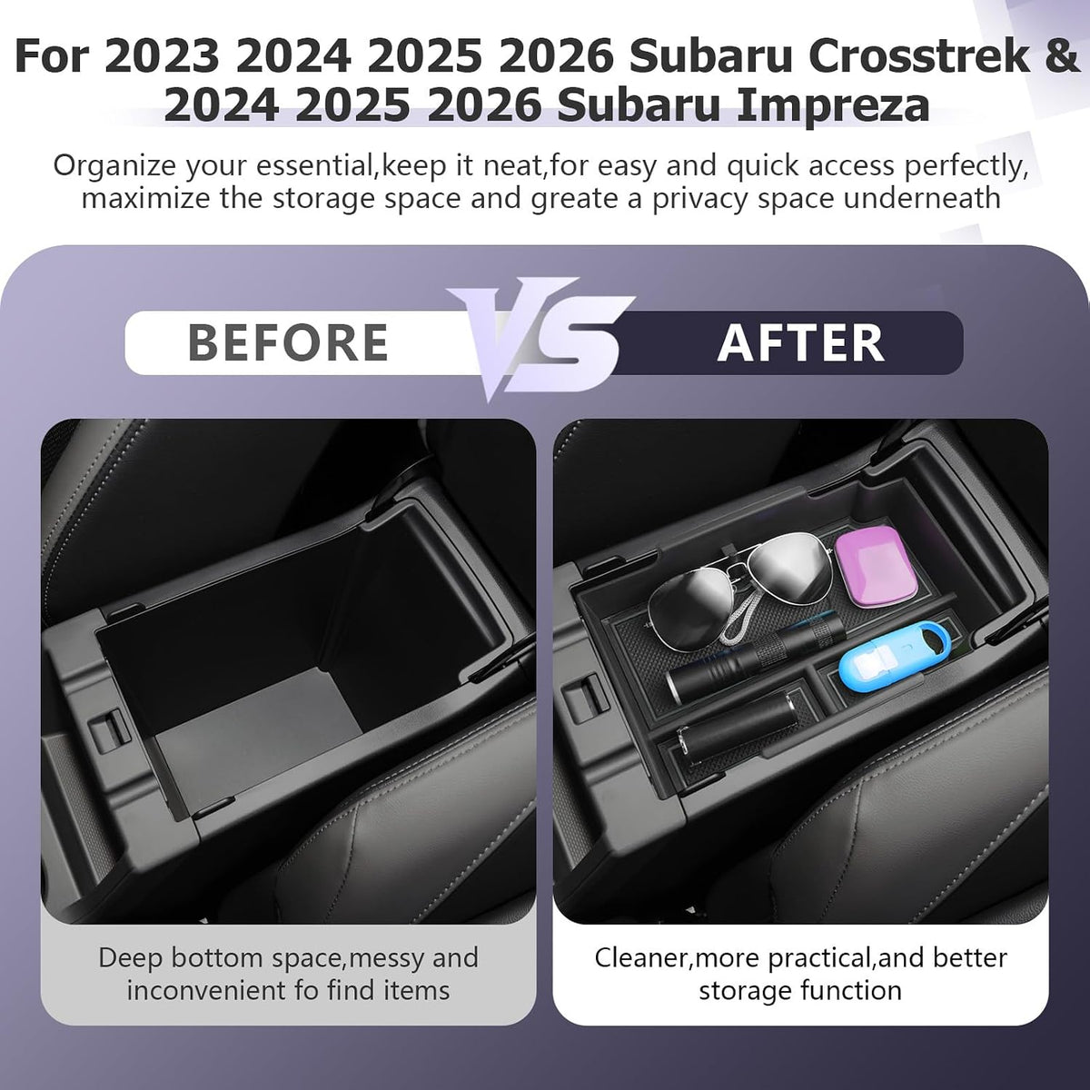 LUWU Center Console Organizer Compatible with Subaru Crosstrek & Impreza 2024-2026 Accessories Armrest Console Secondary Storage Box Insert Tray ABS Material with Coin Holder Black