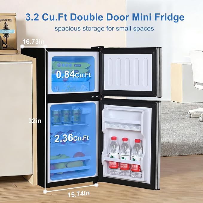 Mini Fridge with Freezer, 3.2 cuft Small Refrigerator, Compact Refrigerator | Double Door, 7 Adjustable Thermostat, Energy Saving, Low Noise, for Dorm, Bedroom, Office - BLACK