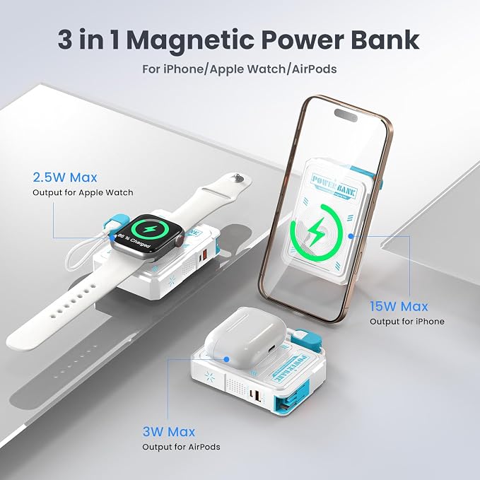 ummz for Magsafe Battery Pack 10000mAh,5-in-1 Magnetic Portable Charger with Wall Plug, Wireless Power Bank for Apple Watch,22.5W Fast Charging PowerBank for iPhone 17 Pro Max/16/15/14/13/12 Mini