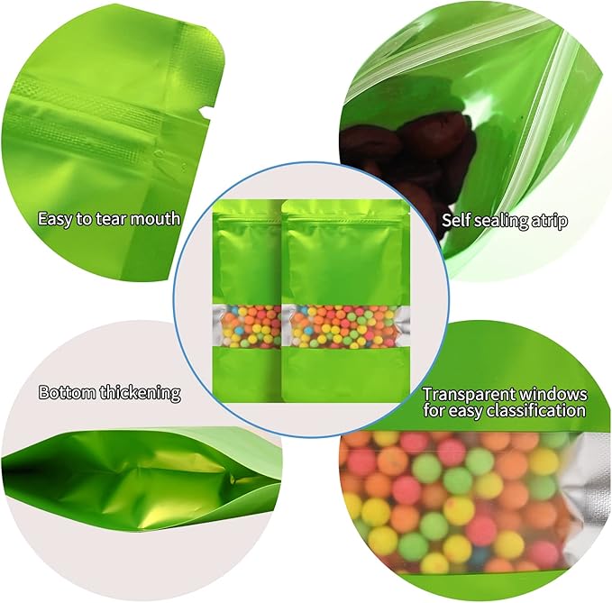 100 Pieces Smell Proof Mylar Bags, Resealable Food Storage Bags with Clear Window, Foil Pouch Stand-up Bags for Food Self Sealing Storage Supplies (Green, 4 x 6 Inch)