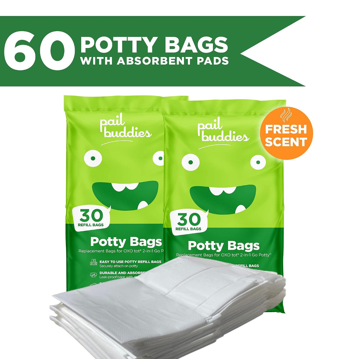Pail Buddies 60 Refill Potty Bags: Absorbent, Disposable Liners Compatible with OXO Tot 2-in-1 Go Potty | Strong, Leak-Proof Bags Fits Most Travel Potties, Potty Chairs, Potty Seats & Portable Toilets