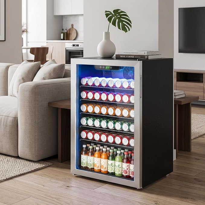 Stopasd Compact Beverage Refrigerator, 4.5 Cu.Ft/145 Can Drink Fridge with Glass Door and Digital Display, Small Drink Fridge with Adjustable Shelves for Soda, Compact Fridge for Bar Office