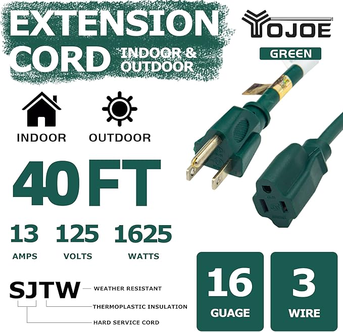 YOJOE Indoor Outdoor Extension Cord, 3 Prong 13A Weatherproof Power Cord, 16 Gauge Heavy Duty 40 ft Green Extension Cord for Garage, Garden and Home, 16/3 SJTW UL Listed