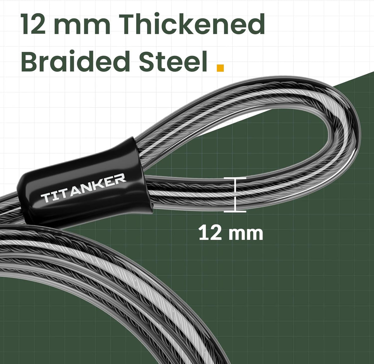Titanker Bike Lock Cable - Heavy Duty 12mm Thick Steel Security Cable | Vinyl Coated, 4ft to 30ft Options