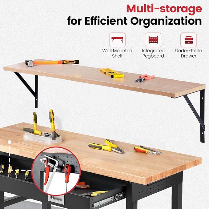 ENJOYWOOD 60" x 22" Heavy Duty Workbench Adjustable Height Garage Work Table with Solid Rubberwood Top, Drawer & Power Outlets for Workshop, Home & Office
