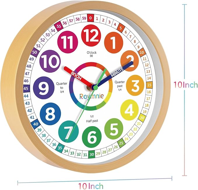 Roymnie Wall Clock 10 Inch for Kids Learning Easily Kids Teaching Clock Analog