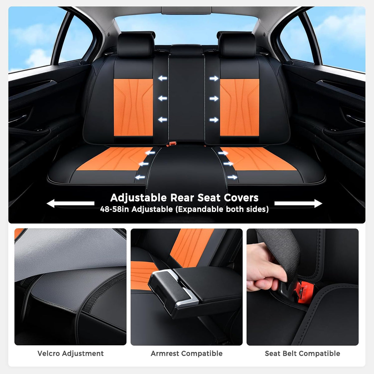 Huidasource Leather Car Seat Covers Full Set 5 Seats, Waterproof Faux Leather Front & Rear Seat Cover with Headrest, Non-Slip Automotive Seat Covers Fit for Most Cars Trucks SUV, Black&Orange