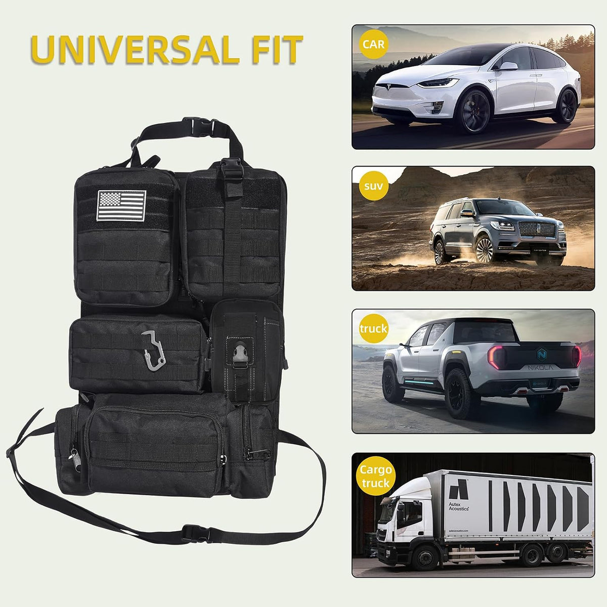 Tactical Car Seat Back Organizer,Tactical Molle Seat Back Organizer with 6 Detachable Molle Pouch,Universal Fits for Car Truck Jeep Vehicle Black