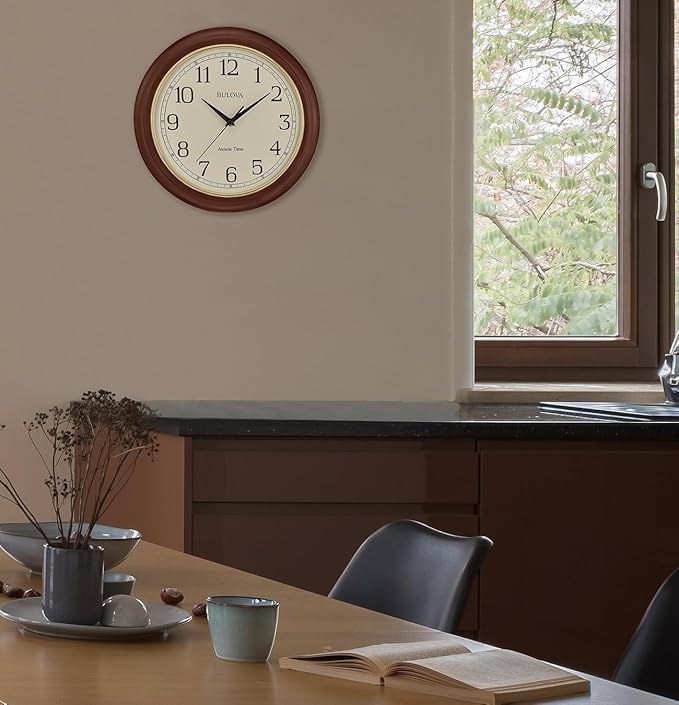 Bulova Atomic Time 2 Analog Wall Clock C5004 | 12.4" Wooden Frame, Sets Time