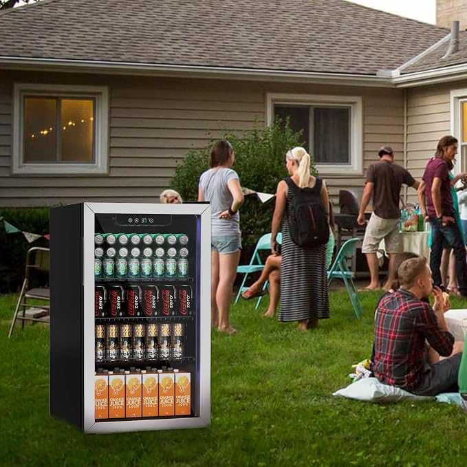 Erivess Mini Fridge 105Can Beverage Refrigerator Cooler Glass Door for Soda | 3.0 Cu Ft Drink Fridge for Home/Bar/Office with LED Display, Digital Temperature Control, Removable Shelves for Wine, Silver