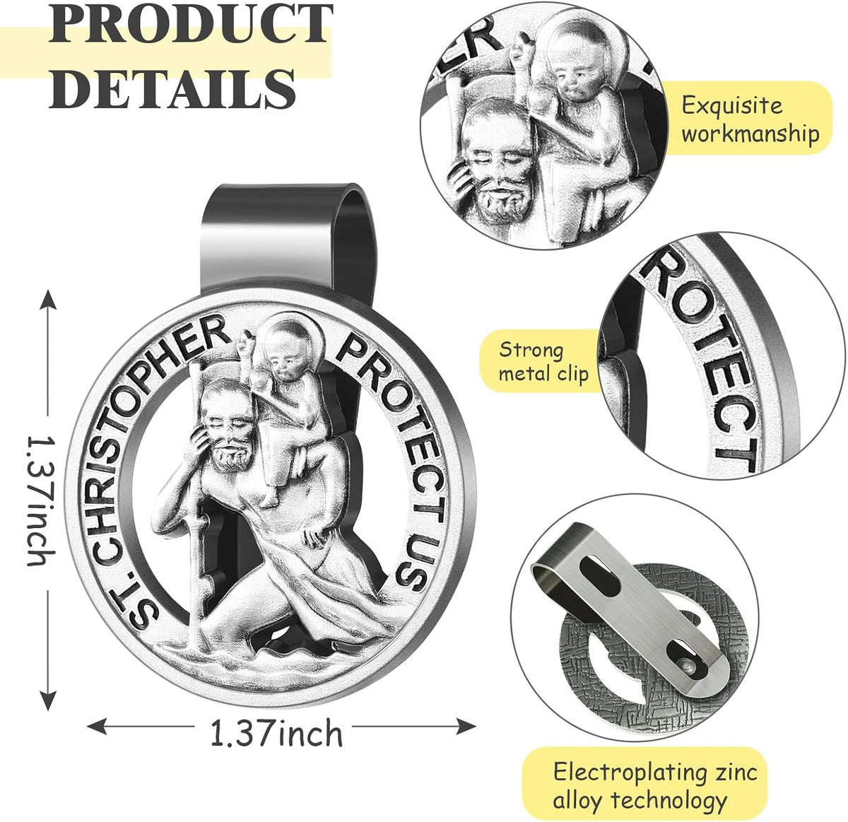 8 Pcs St Christopher Medal for Car Round Saint Christopher Visor Clip St Christopher Medal Clip Metal Saint Car Accessories Catholic Visor Bless Driving Safety Clip Religious Presents for Driver