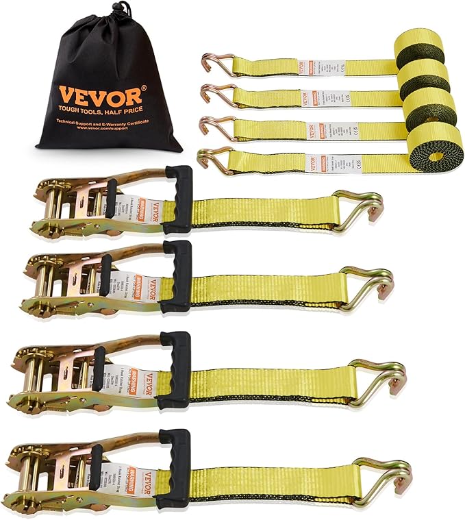VEVOR 2" x 15' Ratchet Straps Heavy Duty (4PK), 5000 lb Break Strength, Double J Hook Includes 4 Premium Rachet Tie Downs with Padded Handles, for Moving Securing Cargo, Appliances, Lawn Equipment