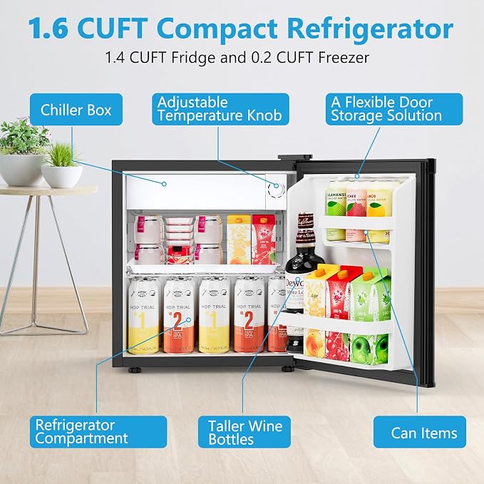 Electactic 1.6 Cu.ft Mini Fridge, Compact Single Reversible Door Refrigerator, Adjustable Thermostat, Ultra Quiet, Energy Efficient for Office, Dorm, Bedroom, Apartment -Black