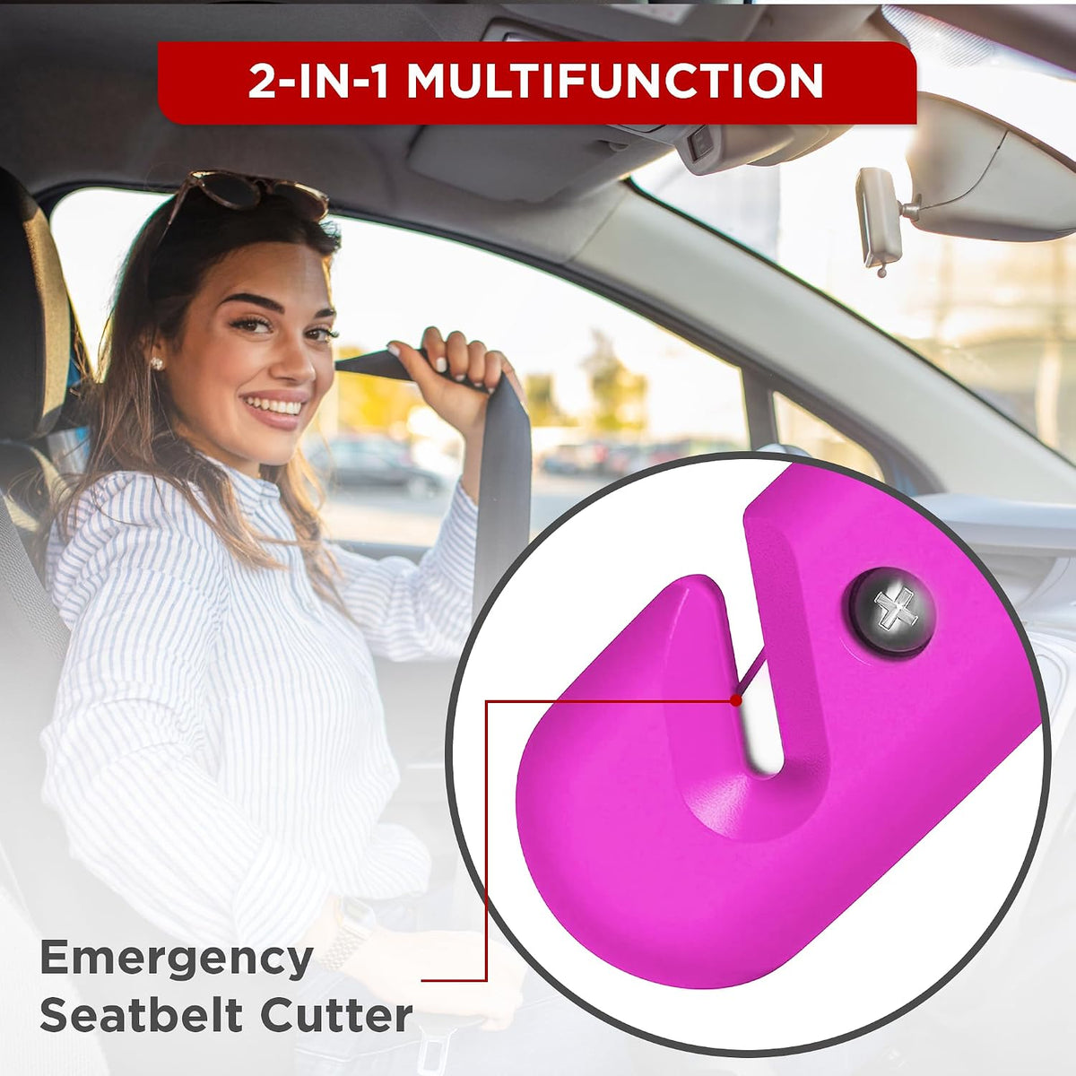 Swiss Safe 5-in-1 Emergency Car Safety Hammer – Car Window Breaker &amp; Seatbelt Cutter, Heavy-Duty Escape Tool for Vehicle Emergencies and Auto Kits – Pink, 1 Pack