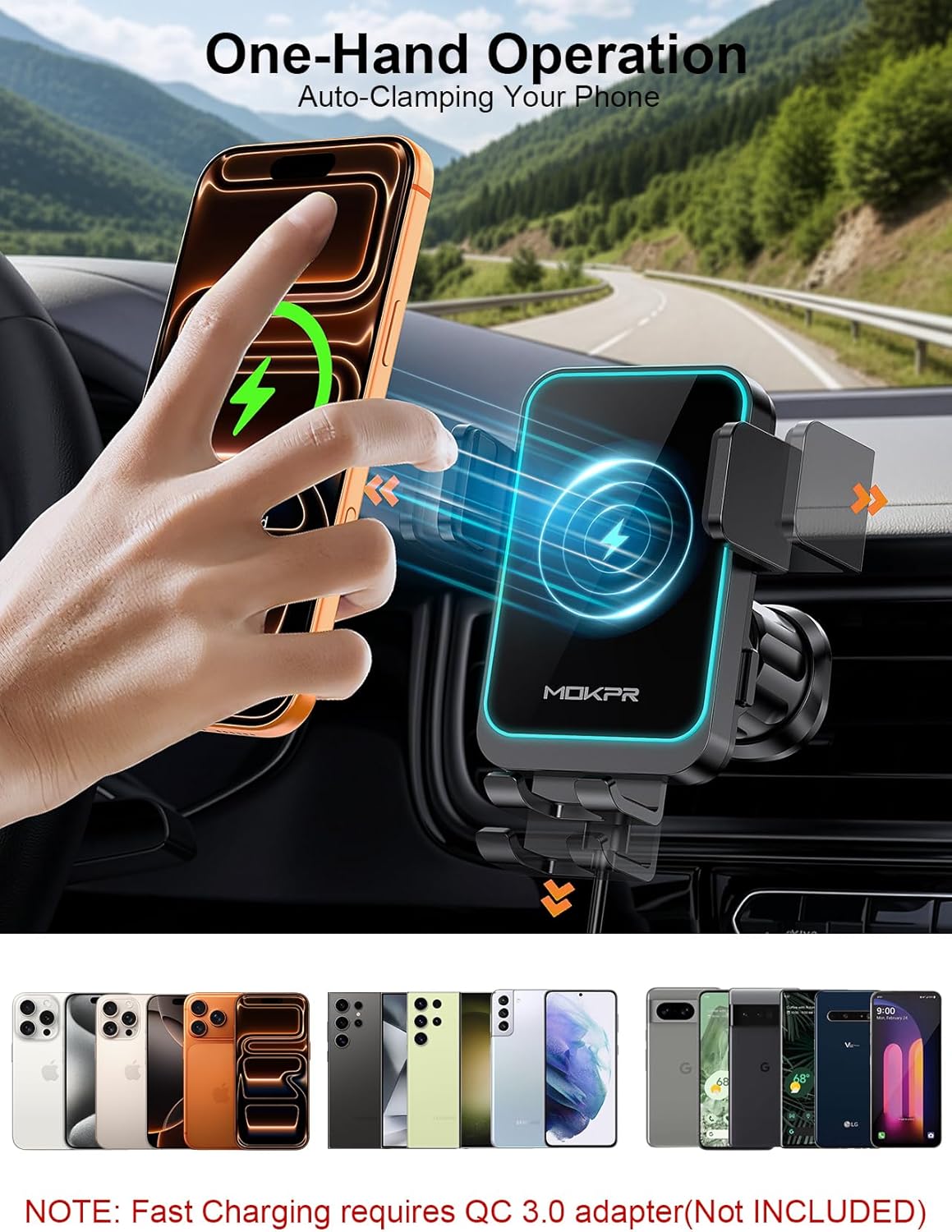 Wireless Car Charger Auto Clamping LED Car Charger Dash Windshield Air Vent