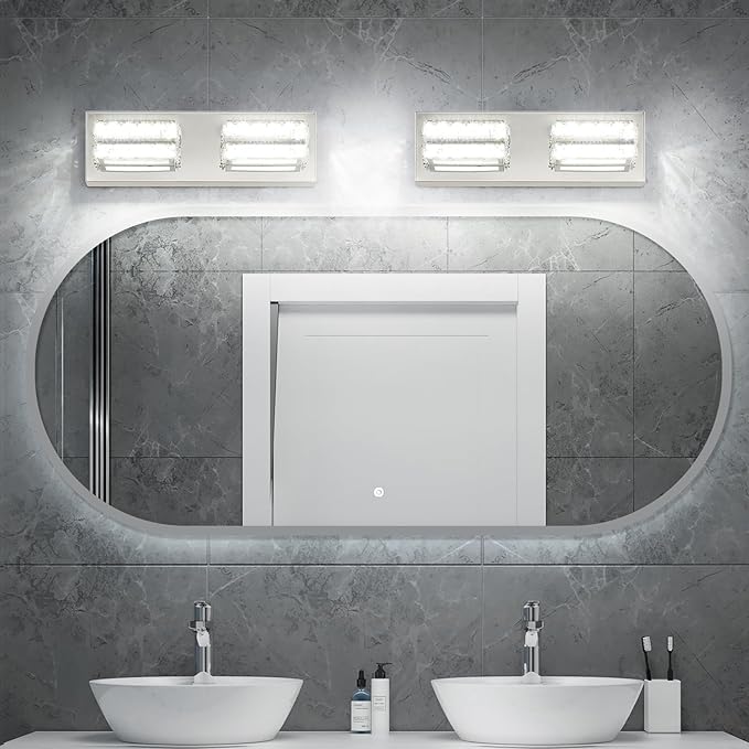 OKELI Crystal Bathroom Lighting Fixtures Over Mirror 2 Light Chrome Vanity Light Modern Vanity Wall Light for Washbasin, Dressing Table, 18W, Dimmable Cold White