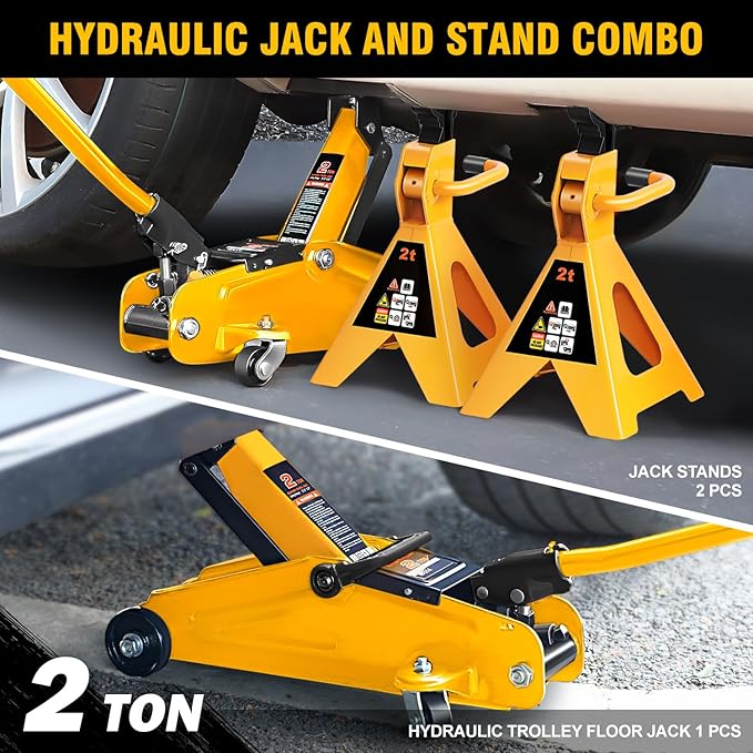DNA Motoring 2 Ton Car Jack and Stands Kit 2T(4000 lbs) Capacity Low Profile Hydraulic Trolley Service/Floor Jack with 2 Ratchet Stands Combo for Home Garage Shop, Orange, TOOLS-00476-OG