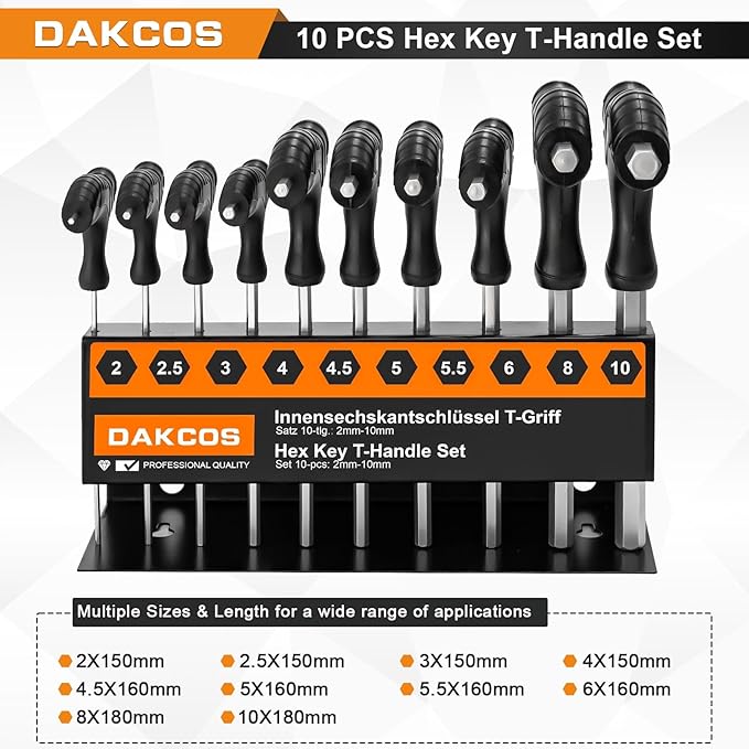 10 pcs T Handle Allen Key Set, Hex Key T-Handle Set, Metric 2mm-10mm Hex Wrench Set with Storage Rack, Cr-V