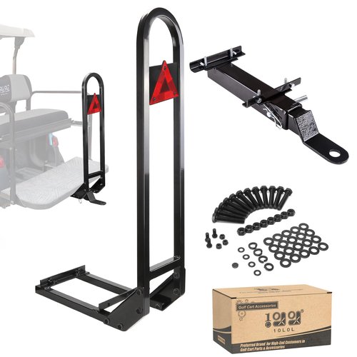 10L0L Universal Golf Cart Rear Seat Safety Grab Bar with Trailer Hitch with Safety Triangles Red Directive Design Fits for Yamaha, Club Car, EZGO, Heavy Duty Safety Handrail - Black
