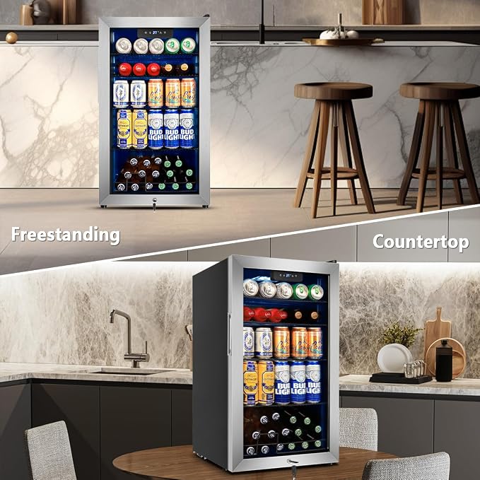 Beverage Refrigerator Cooler, 130 Cans 3.22 Cu.Ft Small Refrigerator with Low-E Glass Door, Lock, 17-Inch Beer Fridge for Drinks, Beer and Wine, Mini Fridge for Bedroom, Office and Bar, Silver