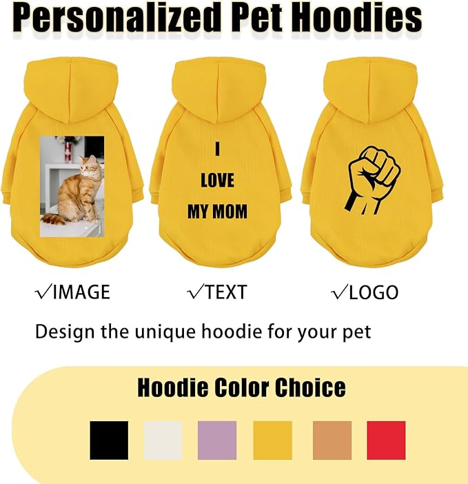 Custom Dog Hoodie, Personalized Sweatshirt with Photo Text Name Logo, Customized Hooded Sweater for Small Medium Large Dogs & Cats (Yellow, XXXXX-Large)