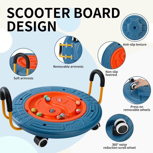 3-In-1 Balance Scooter Board for Kids，Plastic Wobble Balance Board Rocker Maze with Handles, 5 Balls, Toddler Floor Scooter Boards for Sensory Training, Physical Therapy (Blue)