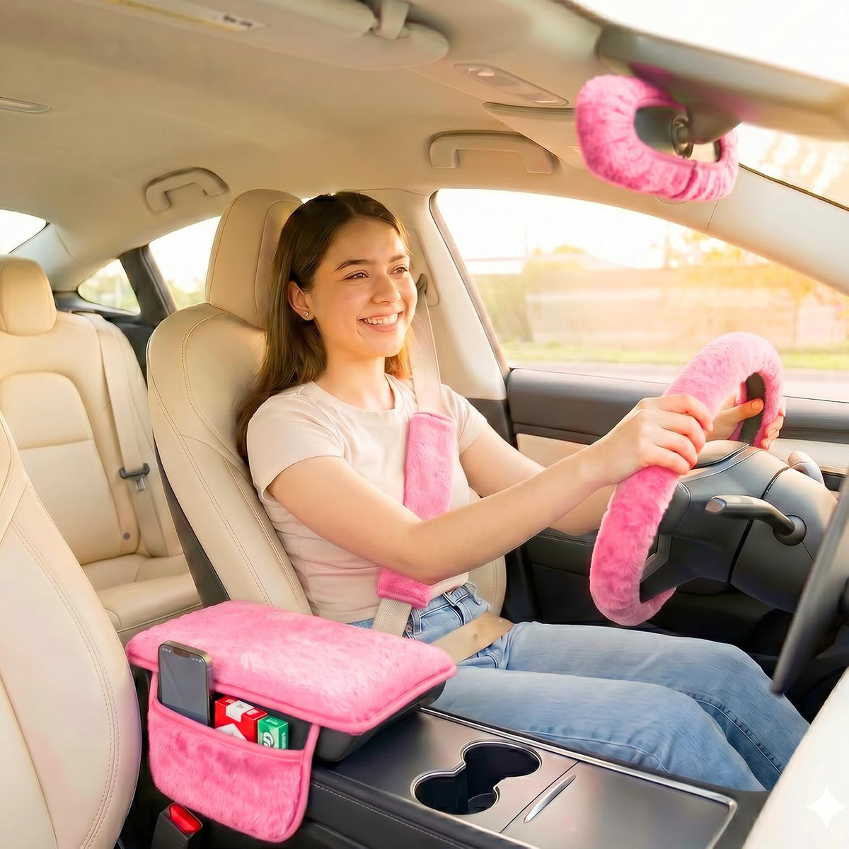 5 Pcs Fuzzy Pink Color Car Accessories Set, Soft Fluffy Plush Steering Wheel Cover, Center Console Armrest Pad & Rearview Mirror Cover - Interior Decorations for Women,Universal Fit (Pink)