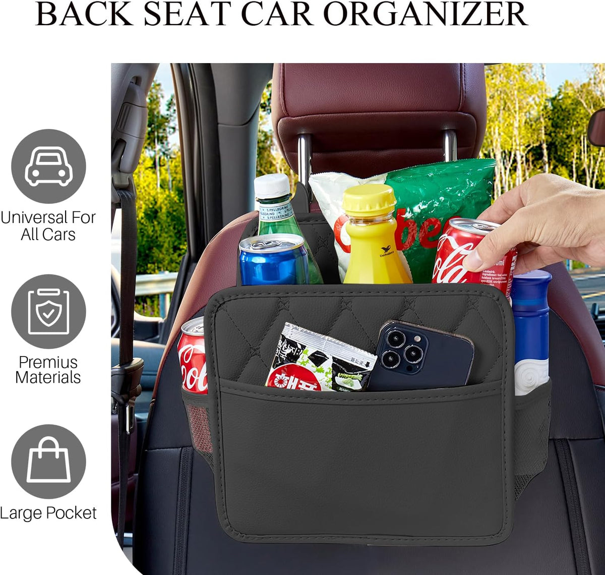 Car Seat Organizer, Backseat Car Organizer, Leather Waterproof Car Back Seat Organizer with Cup Holder Over the Car Seat & Headrest Organizer Backseat Hanging Car Seat Holder Bags