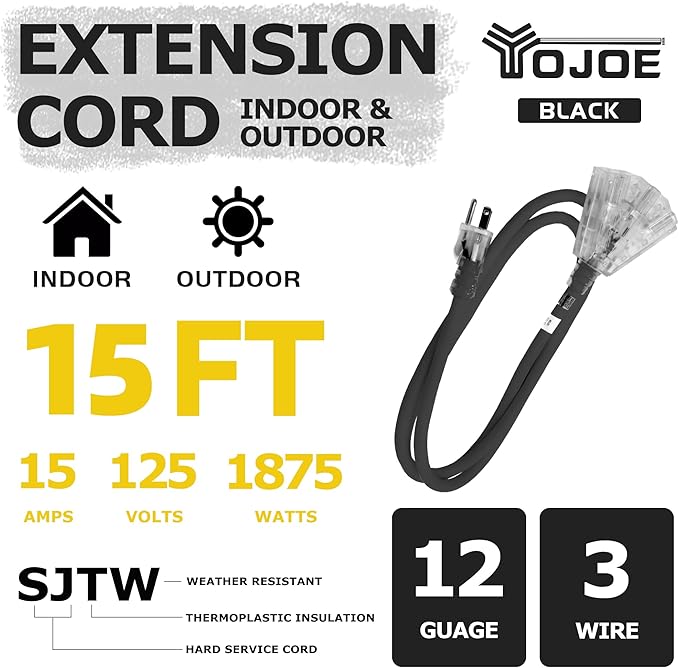 YOJOE 3-Outlets Indoor Outdoor Extension Cord with Lighted End, 3 Prong 15A Weatherproof Power Cord, 12 Gauge Heavy Duty 15 ft Black Extension Cord Multiple Outlets, 12/3 SJTW UL Listed