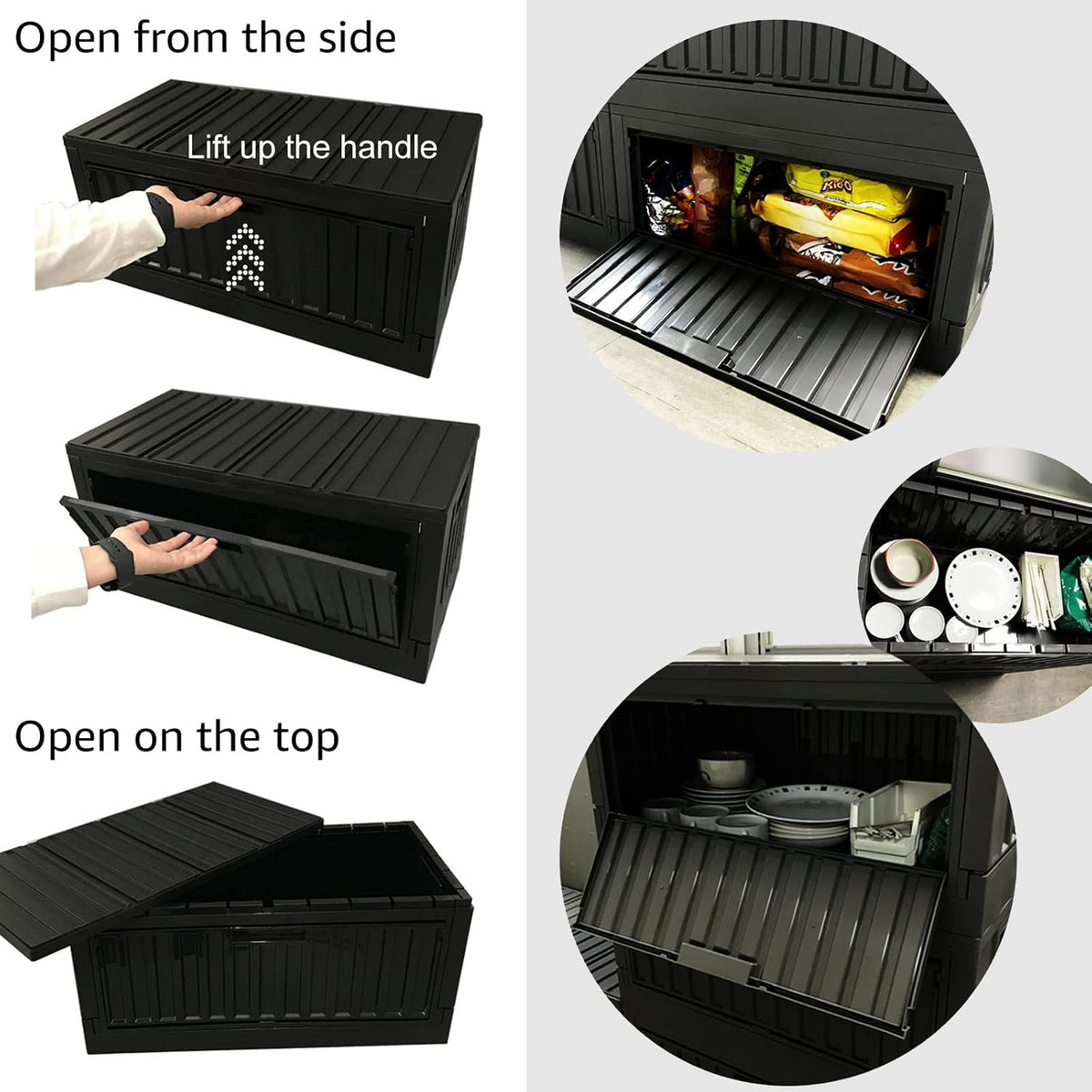 livinbox 45L Stackable Foldable bins for storage, Collapsible Storage Bins w/lids Side-Open Door, Home Office Bedroom Living Room Comic Books, Black, FB-6432S-BK