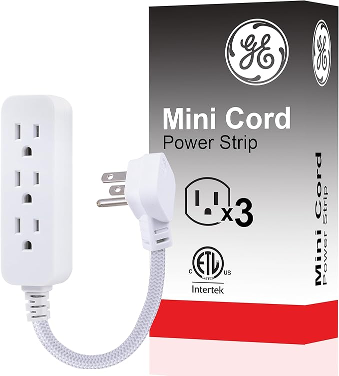 GE 3-Outlet Power Strip 5 Inch Braided Extension Cord with Multiple Outlets Grounded Flat Plug ETL Listed White 45190