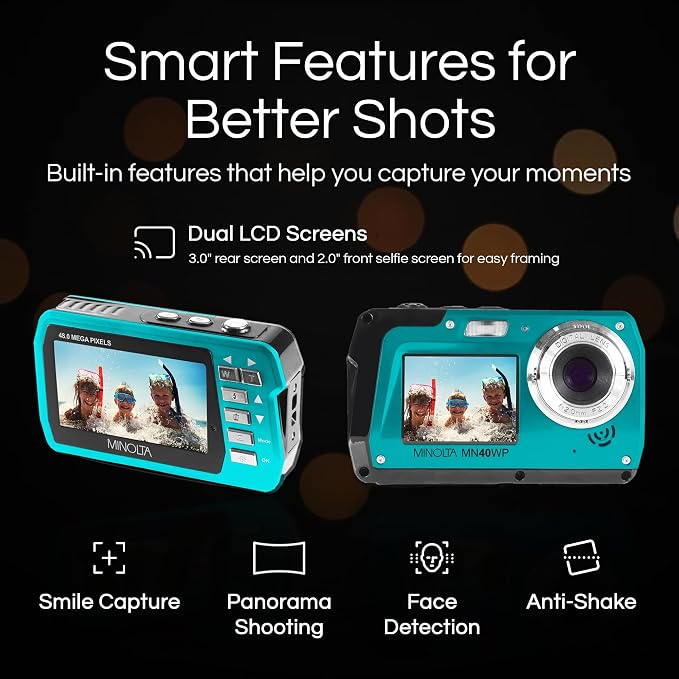 Minolta MN40WP 48MP Waterproof Digital Camera – Dual LCD Screens, 2.7K QHD Video