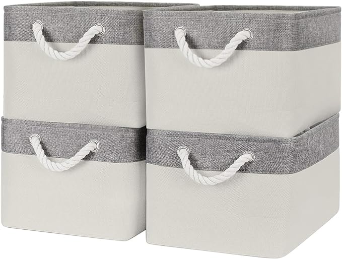 Organization and Storage Basket for Organizing - Large 4 Pack 16x12x8 inch Fabric Storage Cube Collapsible Baskets for Shelves, Storage Bins for Cloth Books (Grey & White)