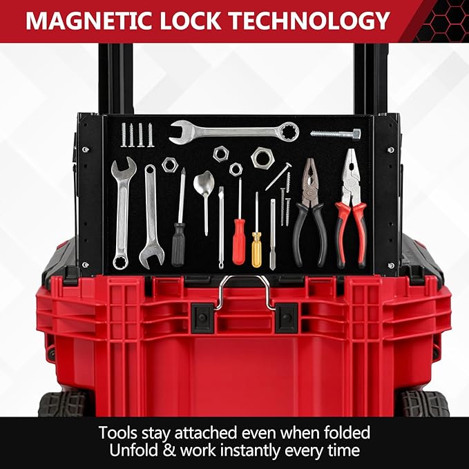 BYERN AUTO Folding Magnetic Side Table Compatible with Milwaukee Packout Toolbox, Heavy-Duty Magnetic Tool Tray with Rail Clips, Rubber-Coated Surface Workbenches, No Drilling Packout Accessories