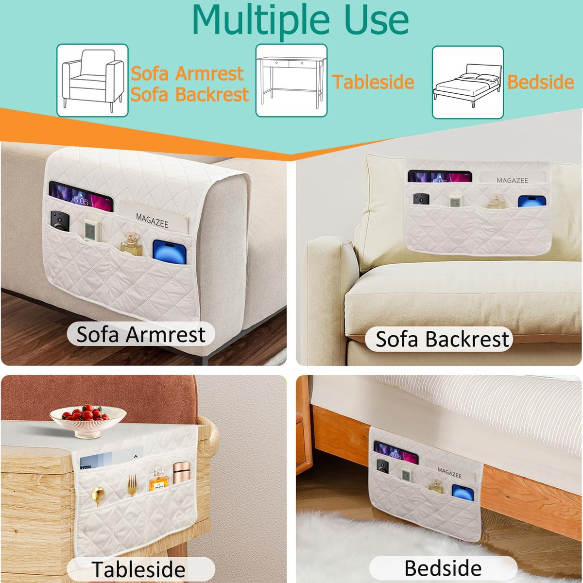 Armchair Caddy Remote Control Holder Sofa Organizer, Non-Slip Couch Arm Chair Caddy with 6 Pockets for Tablets,Smart Phone,Books,Pens,Magazines,Ipad (Off-White)
