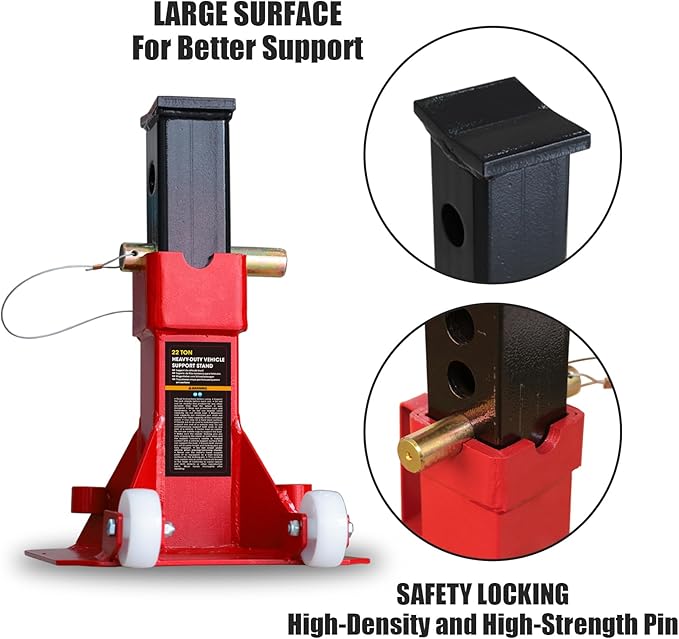 Torin ATZ220006PB Heavy Duty Jack Stands: Pin Style Jack Stand with 2 Casters and Handle, Easily Portable Car Stand for Car SUV, Truck and Pick Up, 22 Ton (44,000 lb) Capacity, Red