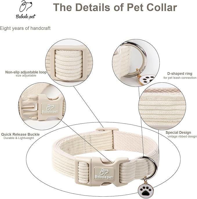 Cute Corduroy Dog Collar - White Adjustable Dog Collars for Medium Dogs 25-50lbs, Fade-Proof with Secure Snap & Little Charm, Christmas Birthday Gift, M