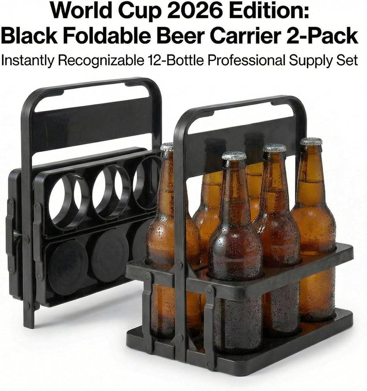 Li&Zhao Foldable Drink Carrier with Handle for Large Cups- 2-Pack Reusable Plastic Cup Holder for Takeout, Coffee, and Parties, 12-Cup Sturdy Drink Carrier for World Football Cup Watching (Black)