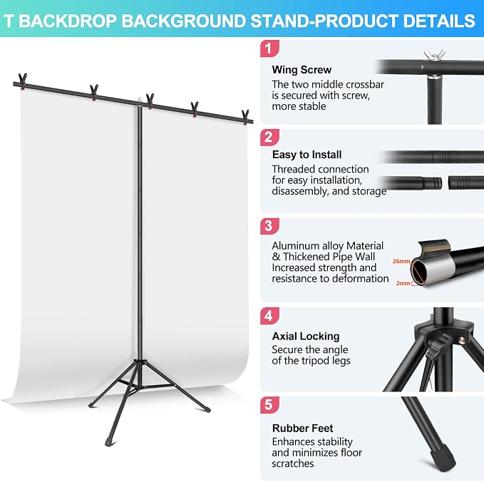 White Backdrop with Stand for Photoshoot, 5X6.5ft White Photo Backdrop with T