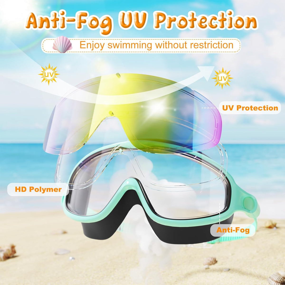 VegoVia Kids Swim Goggles - Anti-Fog UV Protection | Wide View, 2 Pack for Ages 3-15