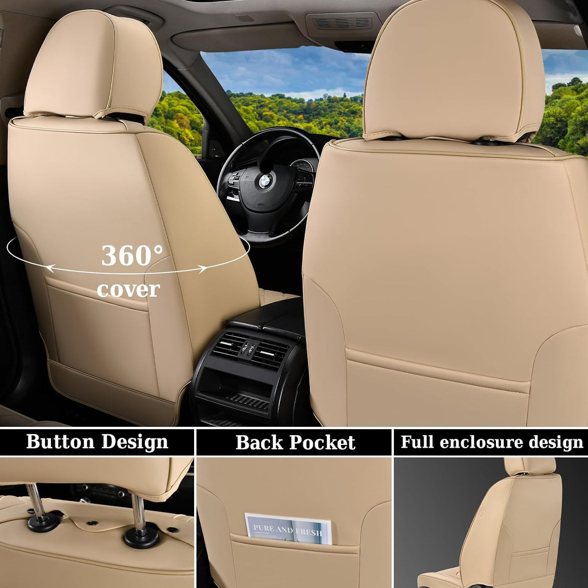 Coverado Car Seat Covers Front Seats, Luxury Leather Seat Covers for Cars, Automotive Car Seat Covers Protector Universal Fit Most Sedans, SUVs, Pick-up Trucks Interior Accessories(Beige)