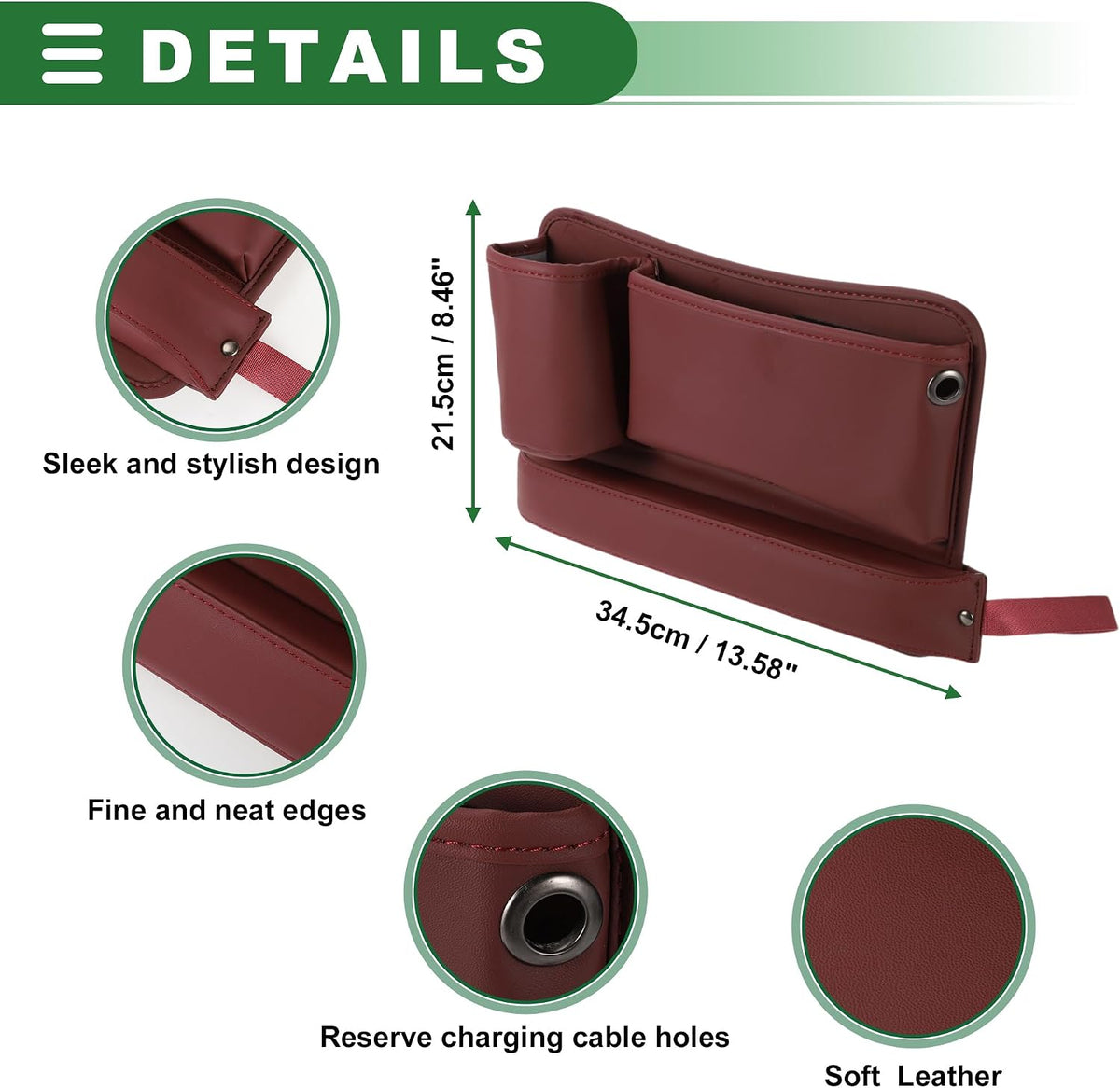 Motoforti Universal Car Seat Gap Filler Organizer Front Seat Gap Filler with Cup Holder Car Storage Accessories, Driver Side, Faux Leather, Wine Red