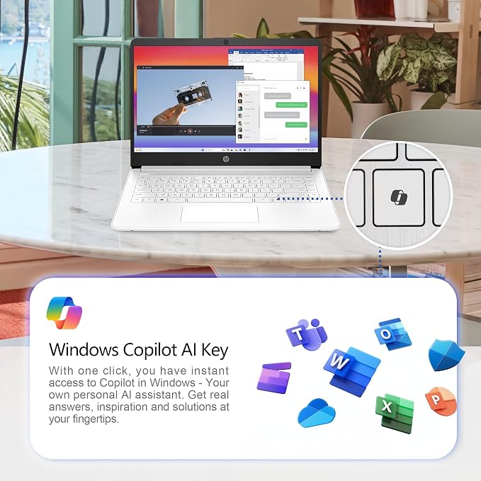HP 14" Laptop · Microsoft 365 Included · 576GB Storage (64GB + 512GB SD) · 4GB RAM · HD Display · 12-Hour Battery · WiFi · Bluetooth · Windows 11 White